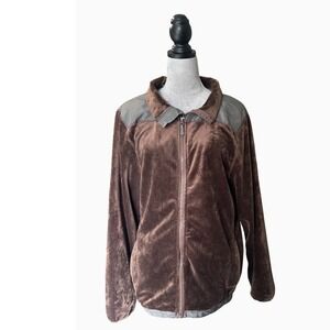 U.S. Life Mens XL Brown Fleece Jacket Full Zip Gray Trim Mock Neck Warm‎